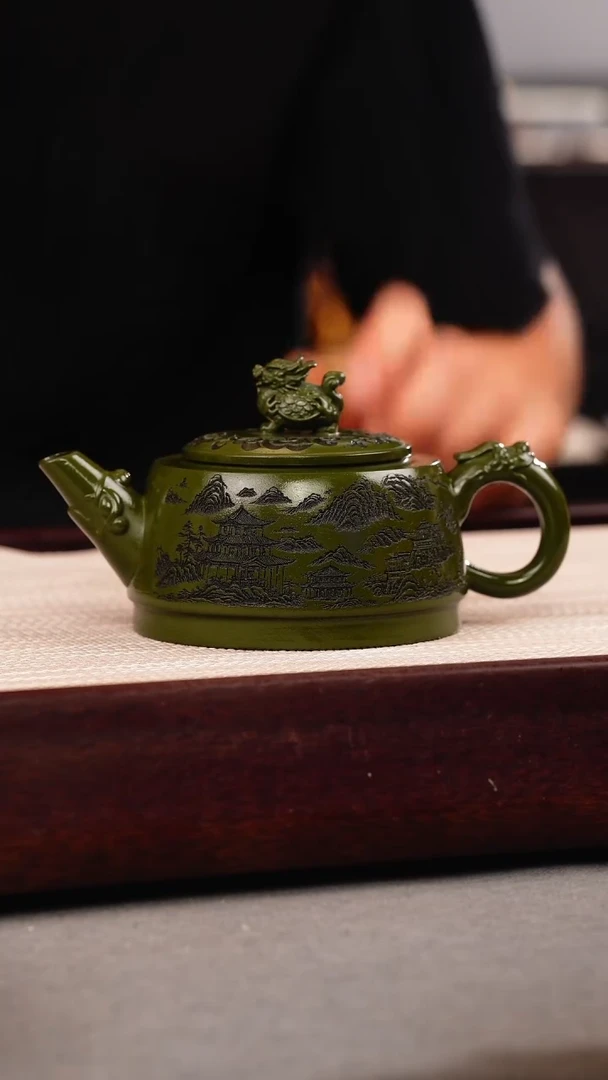茶壶紫砂绿泥 龙龟 刻绘