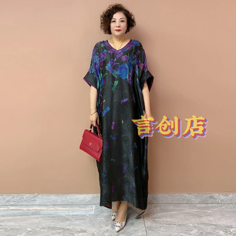 39627中年妈妈醋酸真丝连衣裙夏季新款气质洋气宽松加肥加大码裙