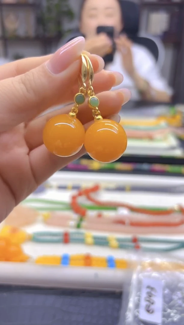 蜜蜡14K金镶嵌耳饰DIY款E893