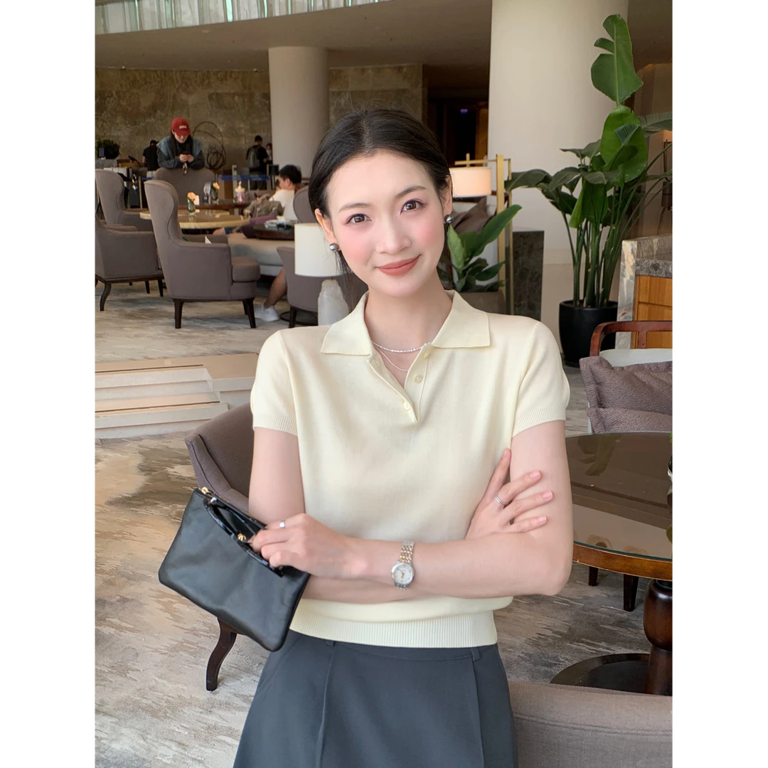 法式小众POLO衫正肩短袖T恤女夏季薄款显瘦气质针织翻领短款上衣