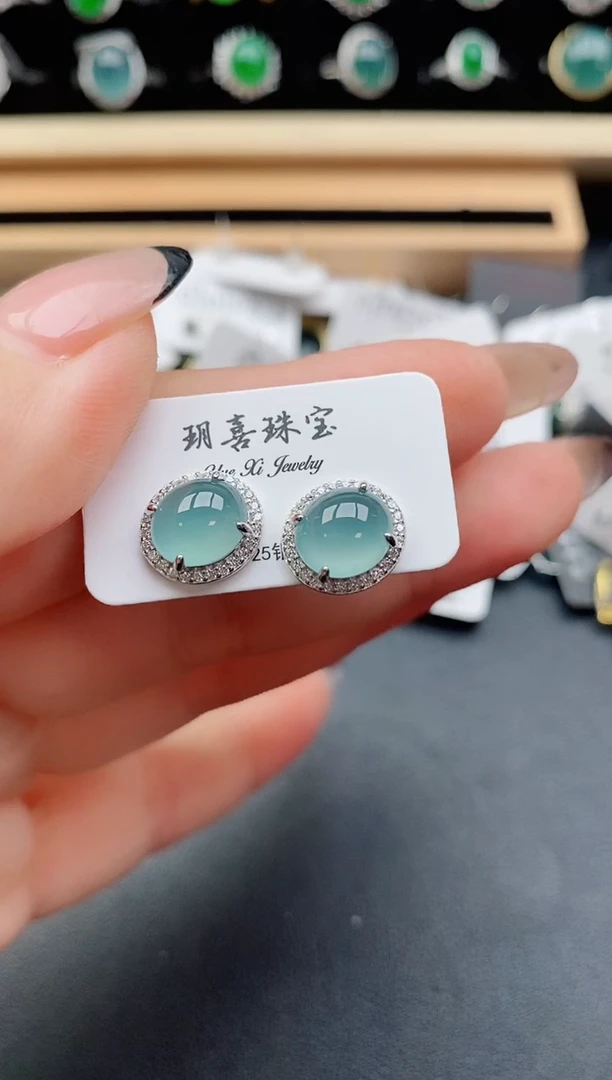 翡翠银S925镶嵌耳饰508500