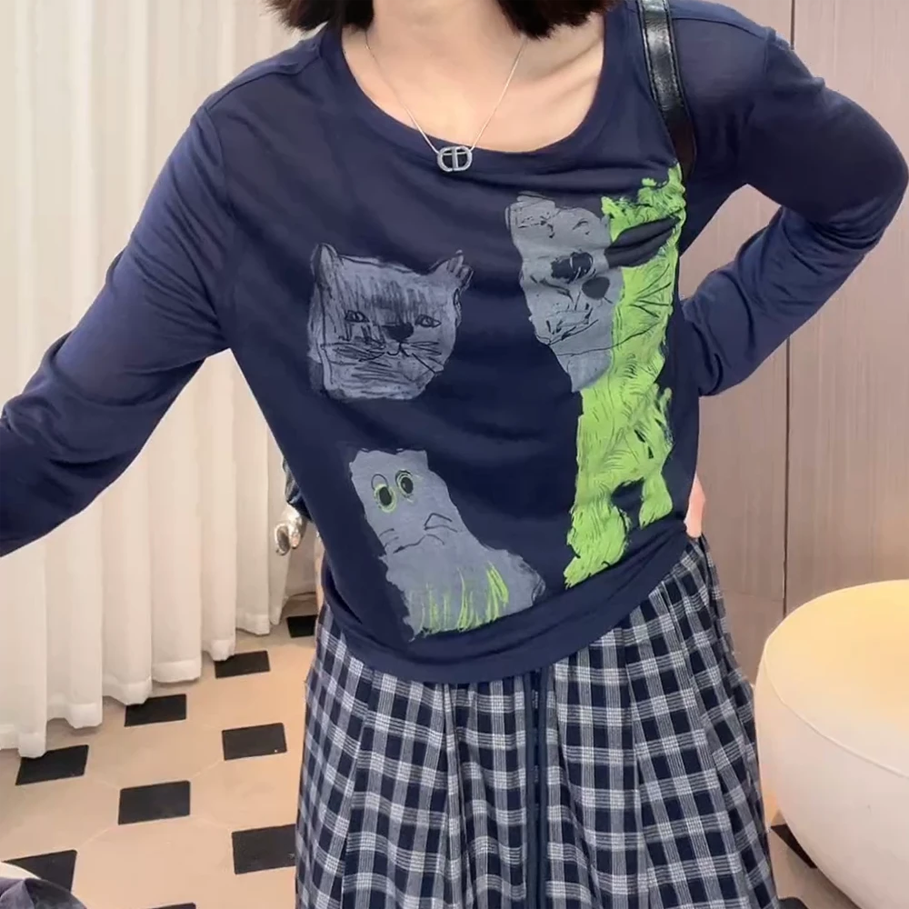 春夏‘’艺术猫咪‘’手绘减龄时髦小众设计显瘦长袖t恤上衣防晒衫
