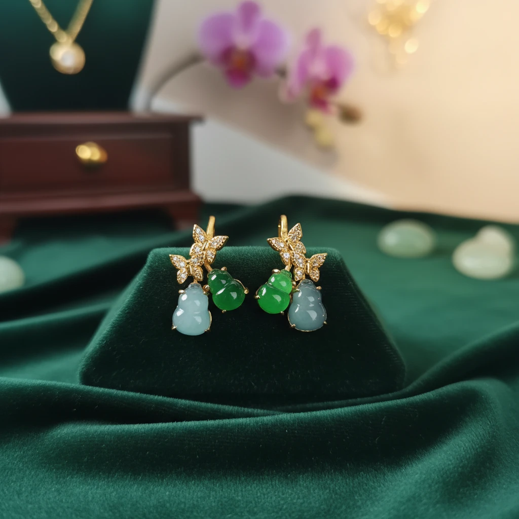【宝姐珠宝】天然翡翠银镶嵌百搭双色葫芦设计耳饰（多样性发货）