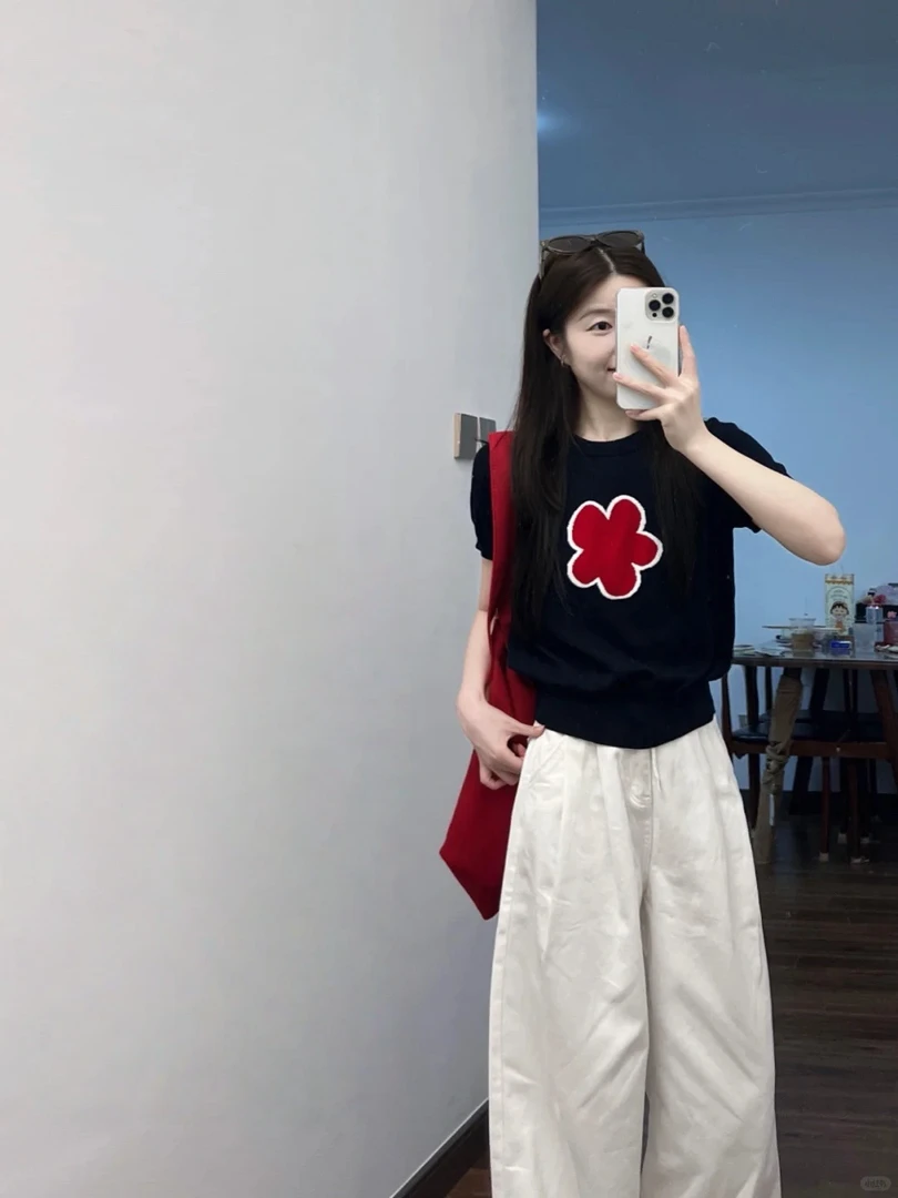 2025夏季新款韩系穿搭小个子藏蓝色短袖上衣搭配白色阔腿裤两件套