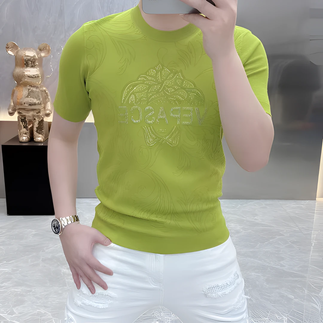 2025新款T恤短袖提花春夏圆领休闲毛衣上衣潮流男装男士网红修身