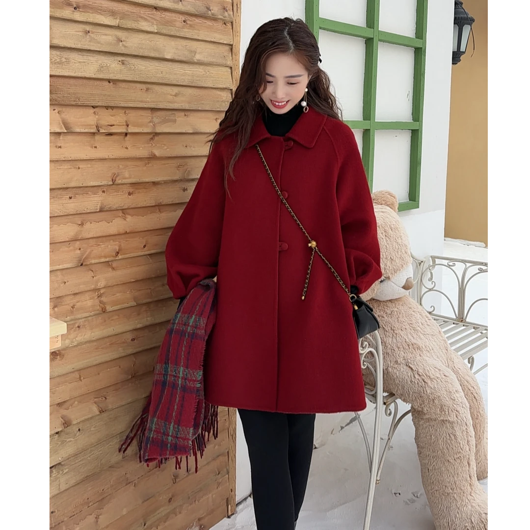 灯笼袖A字版娃娃领羊毛外套秋冬加厚羊毛外套大衣2511