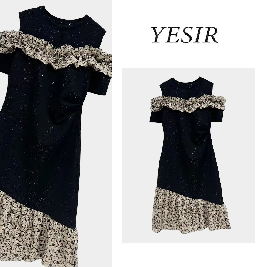 Q25053时尚露肩荷叶边收腰显瘦连衣裙