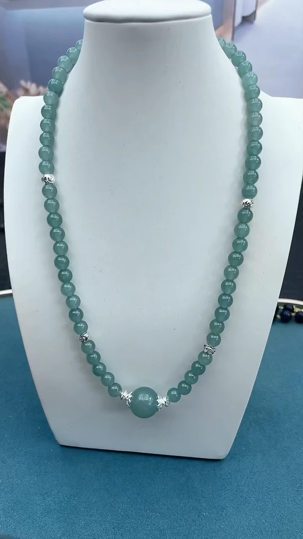 翡翠未镶嵌颈饰6mm蓝水妈妈链*银色