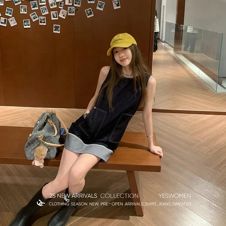 2025夏季新款设计感牛仔背心无袖连衣裙女宽松百搭裙子镰刀裤套装
