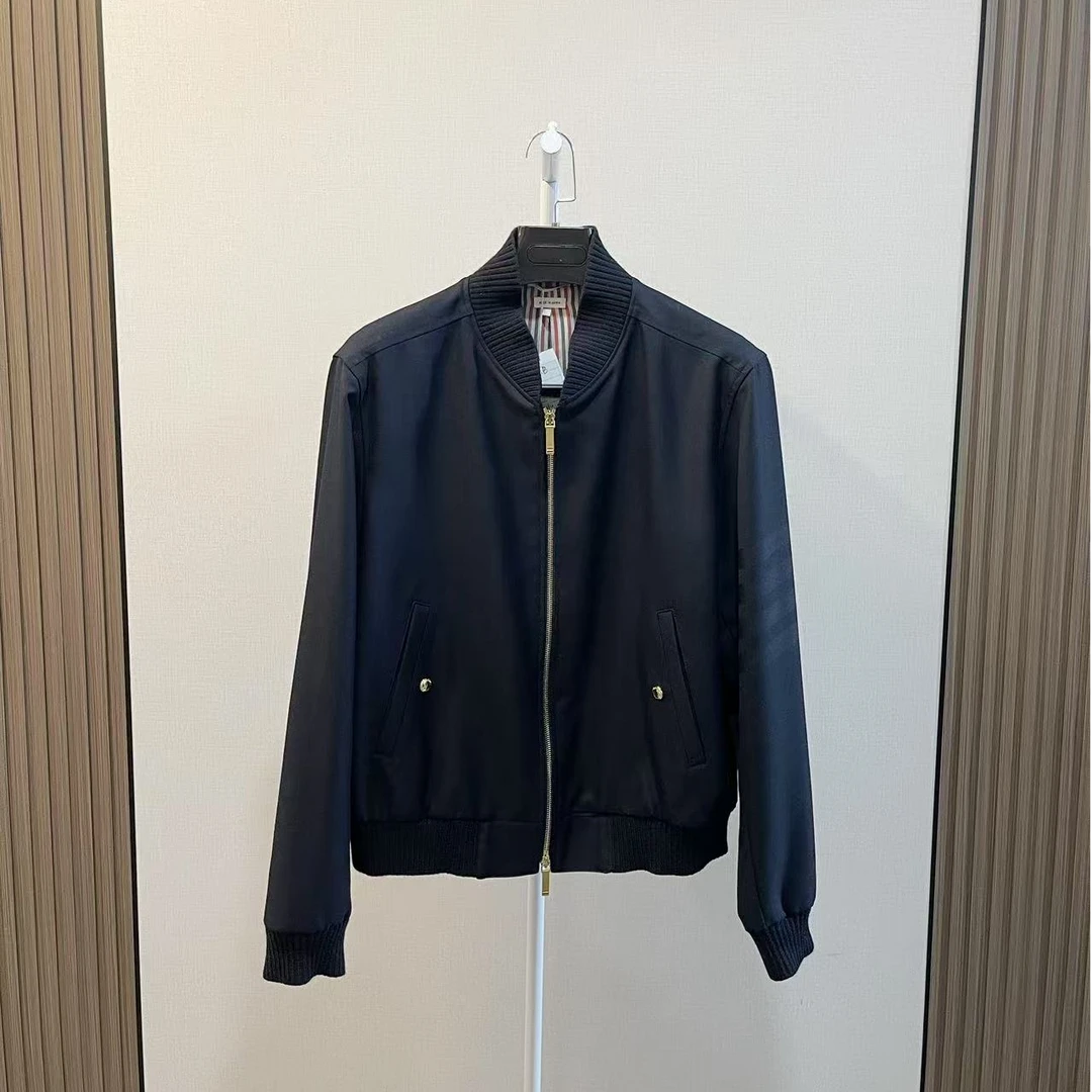 99新 THOMBROWNE /深蓝色暗纹四条杠羊毛拉链外套夹克/尺码2
