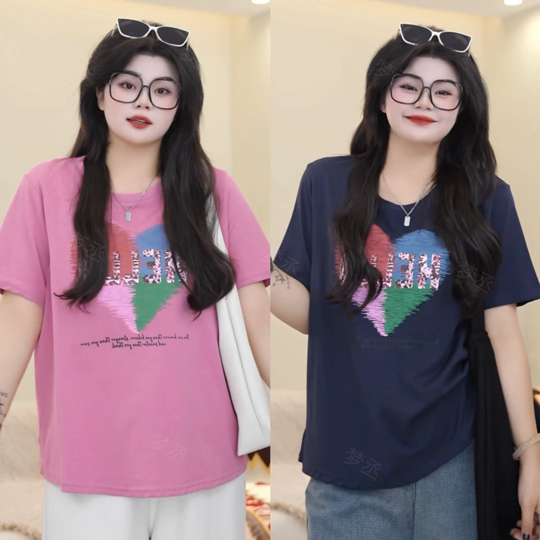 梦丞【日记主角】大码女装夏季圆领爱心印花宽松时尚减龄短袖T恤女