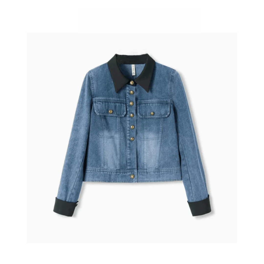 牛仔翻领春季女单排扣短外套牛仔显瘦修身设计师宽松女装长袖百搭
