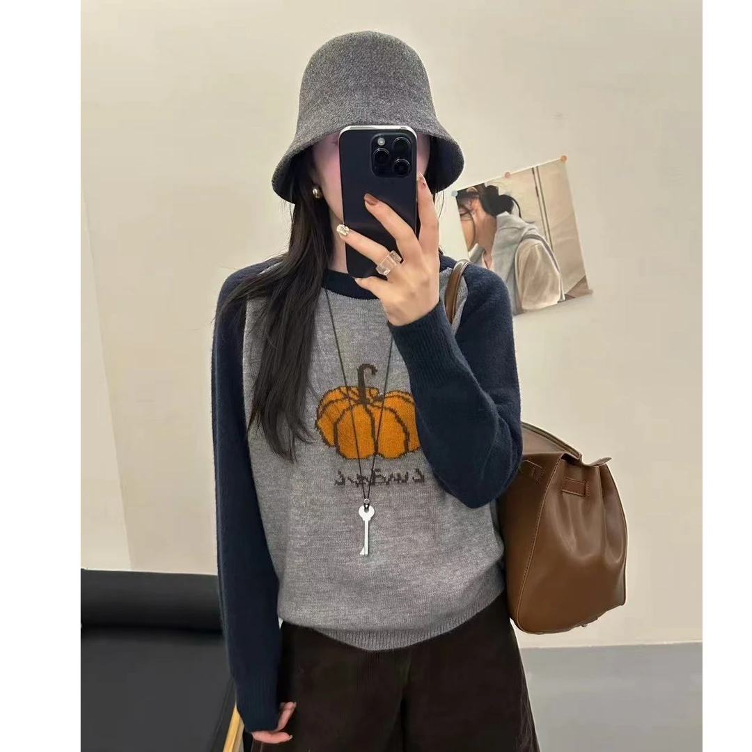 南瓜提花撞色减龄2025年秋季韩系显瘦宽松毛衣女款长袖针织衫套头
