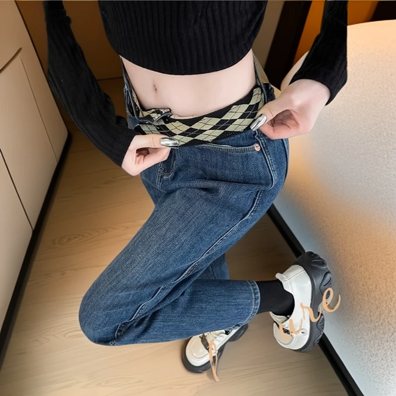 高腰烟管牛仔裤女窄版直筒裤黑色宽松小个子九分裤裤子女裤子九分