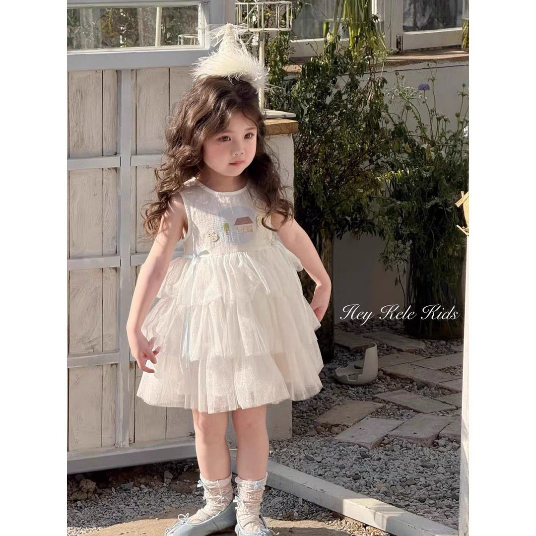 白色蓬蓬裙童装蛋糕裙夏装甜美纯色洋气连衣裙夏季女休闲风纱裙