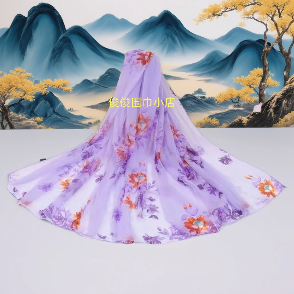 鳄鱼皱新款【紫色睡莲】沙滩巾丝巾140/180