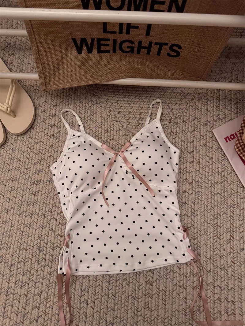 波点吊带背心甜辣风短款修身蝴蝶结设计感外穿内搭
