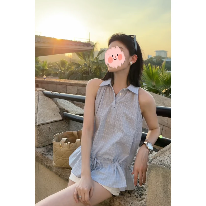 气质POLO领挂脖无袖衬衫女夏季2025新款休闲格子抽绳木耳边上衣潮