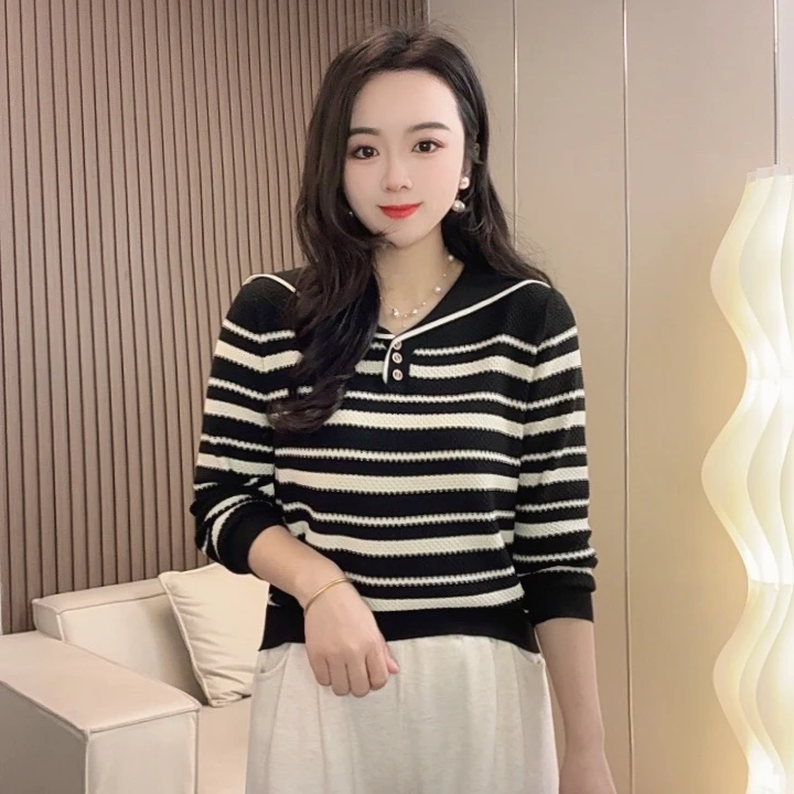 2025新款长袖海军领条纹针织衫爆款针织上衣洋气宽松薄款打底衫
