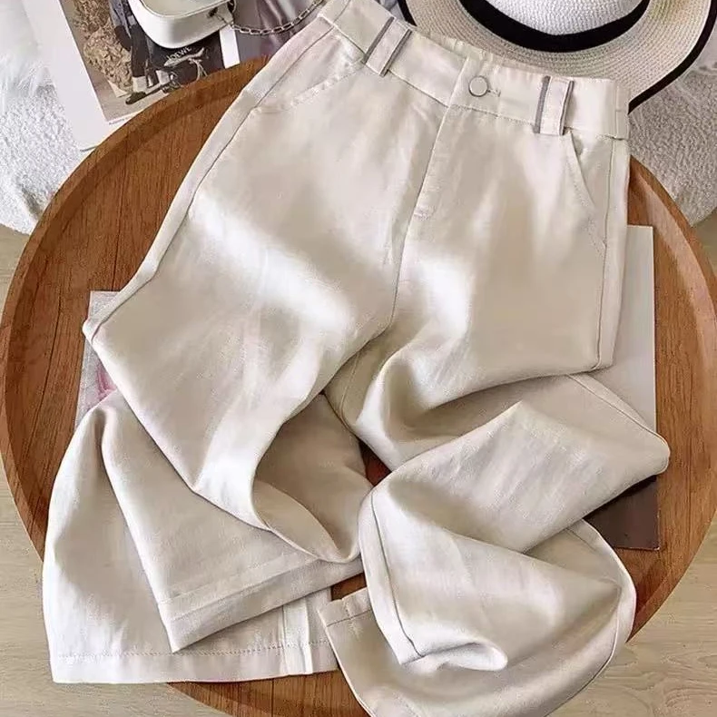 夏季薄款天丝亚麻直筒裤女2025新款松紧高腰显瘦休闲窄版阔腿裤子