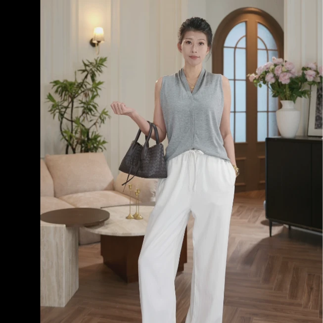 【羊毛背心】丝羊毛褶皱v领针织背心-XNN2025079