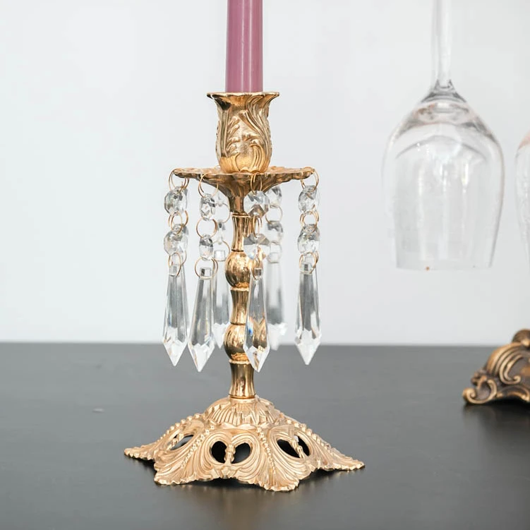 【奇居铜饰】欧式黄铜水晶玻璃烛台复古雕花餐桌蜡烛台家居摆设#GY