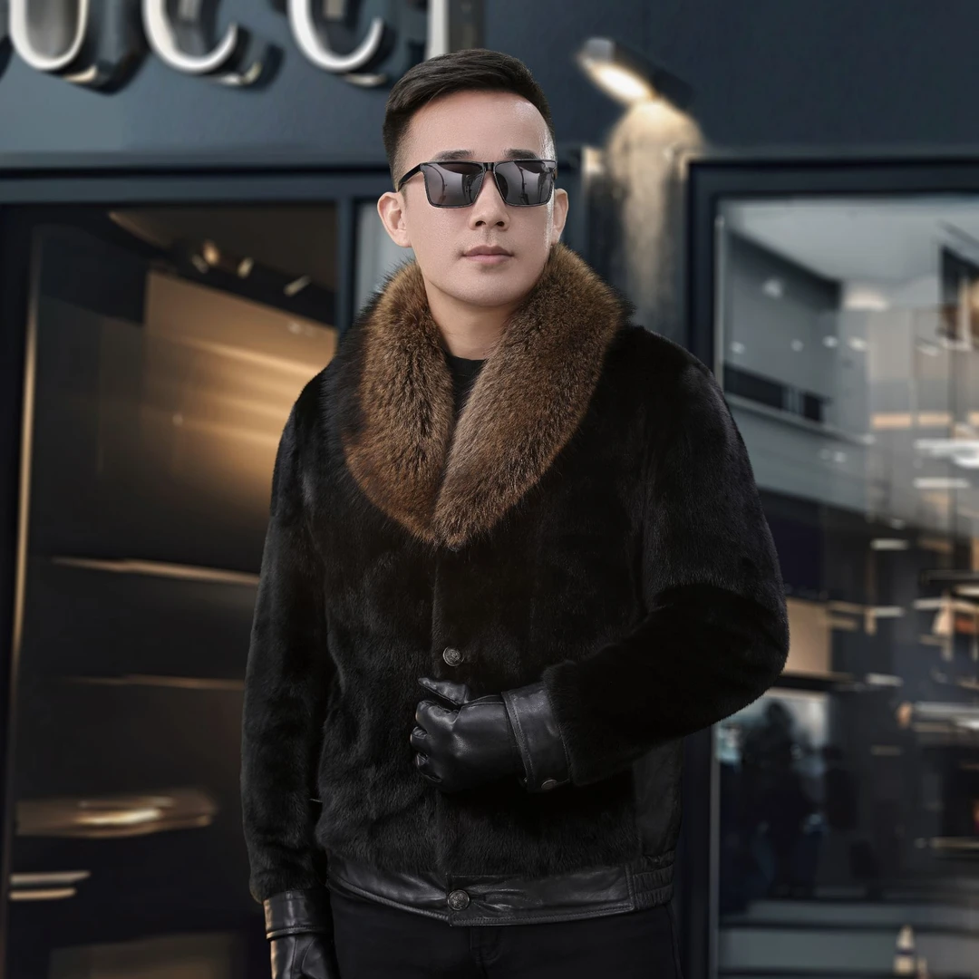 2025新款小母貂大衣男短款整貂海宁头层小山羊皮冬季鹅绒外套男士