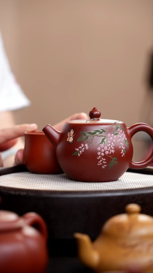 茶壶紫砂朱泥宝塔葫芦壶泥绘紫藤花+杯007