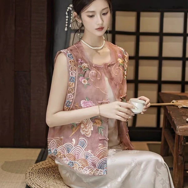 【刺绣马甲】夏季新款新中式国风复古马甲女刺绣印花盘扣79856