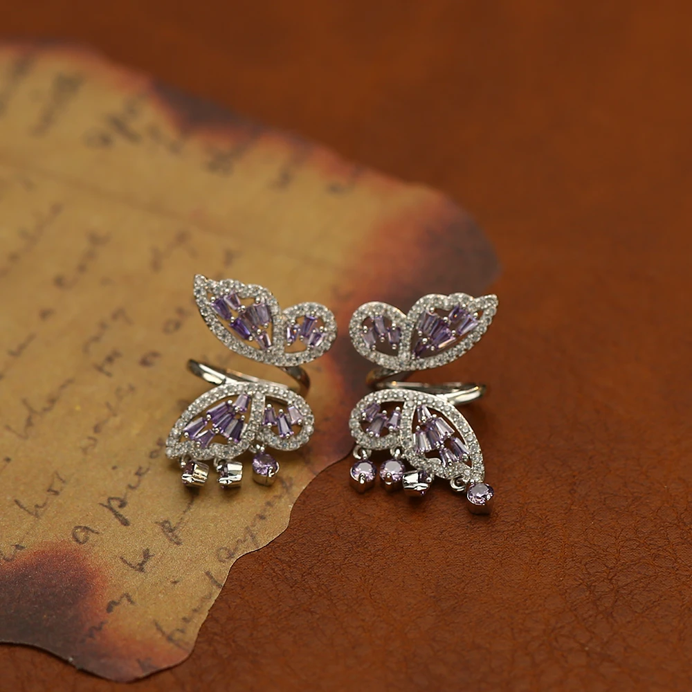 铜合金合成锆石耳饰 英国设计师款紫色满镶灵动蝴蝶 耳钉-9856