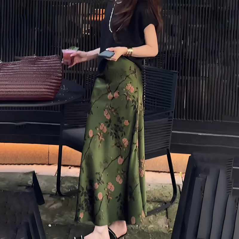 【运费险+现货+不开叉】高级感气质印花半身裙女垂坠感醋酸缎面长裙