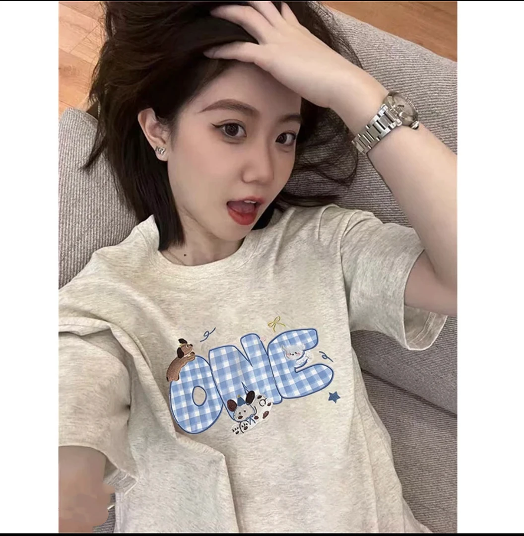 美式潮牌可爱小狗格子印花短袖T恤女甜酷宽松百搭休闲上衣
