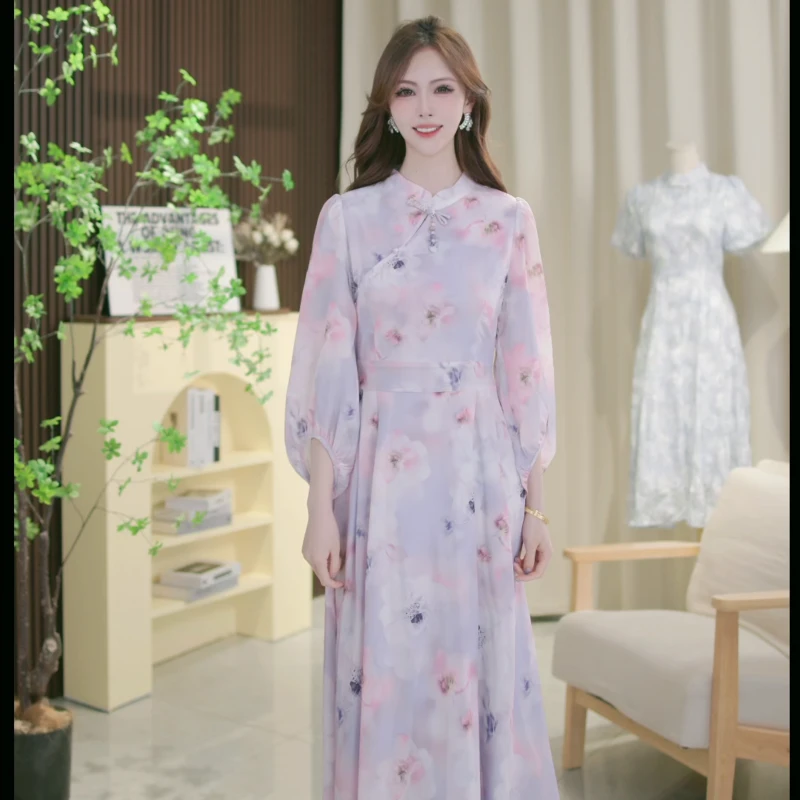 浪漫碎花修身显瘦长款旗袍连衣裙