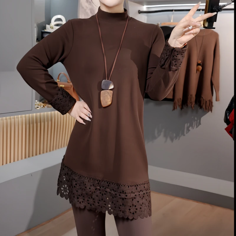 【漫漫盛夏】年年2025新款冬季百搭蕾丝拼接设计长袖打底上衣