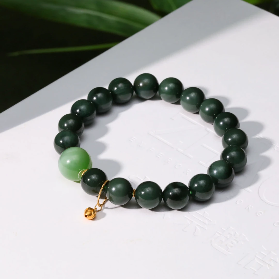 【意婵】《哲锦》稀缺老俄料蓝绸特细和田玉猫眼碧玉粉绿18K金-912816