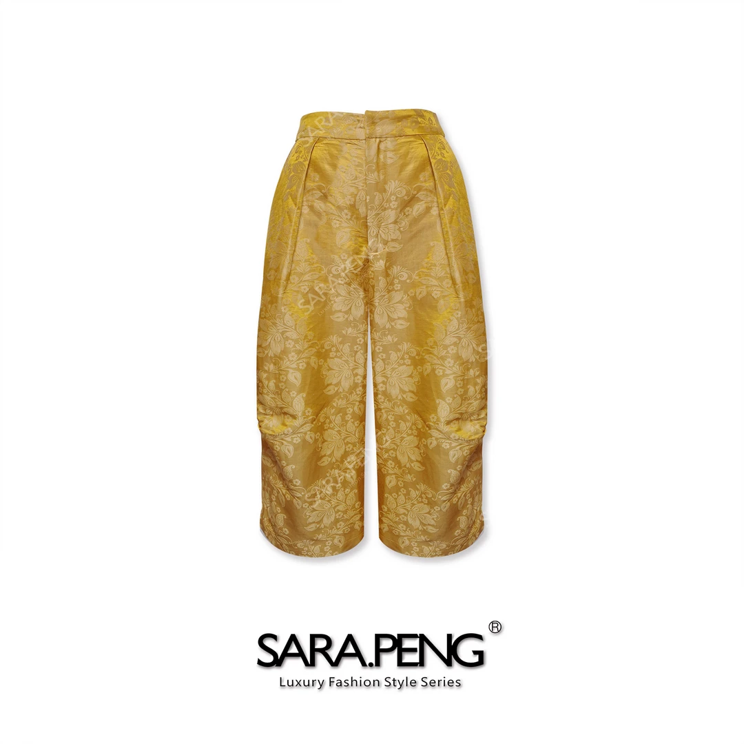 S.P凤尾花裤｜中式松紧腰压褶提花阔腿八分裤｜舒适百搭｜洋气酷飒