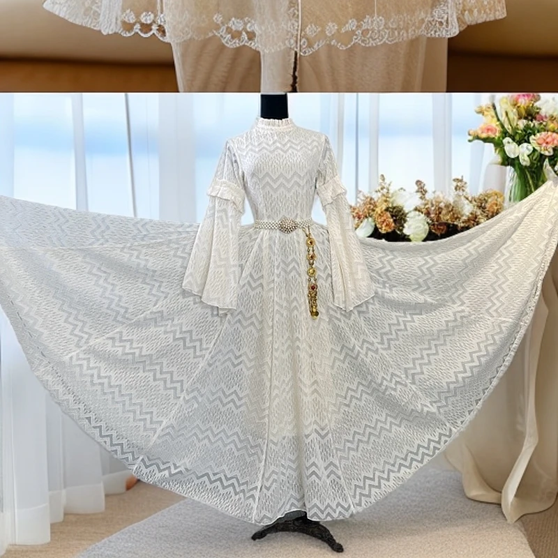 白色艾特来丝花纹民族风大裙摆时尚大气飘逸女装连衣裙传统