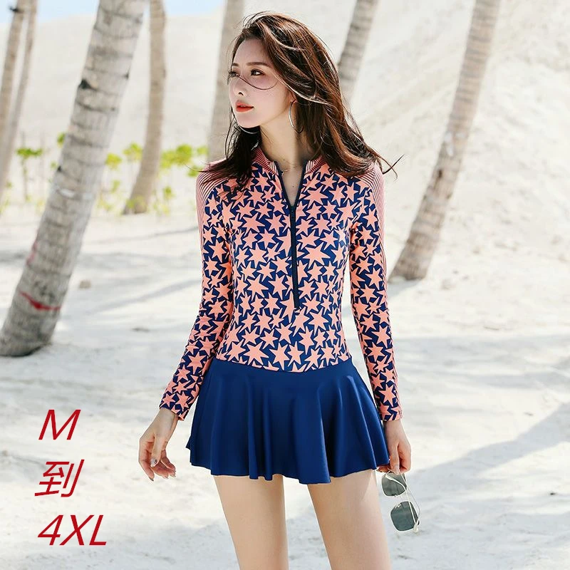 女士大码长袖连体潜水服微胖女孩遮肉泡温泉防晒游泳