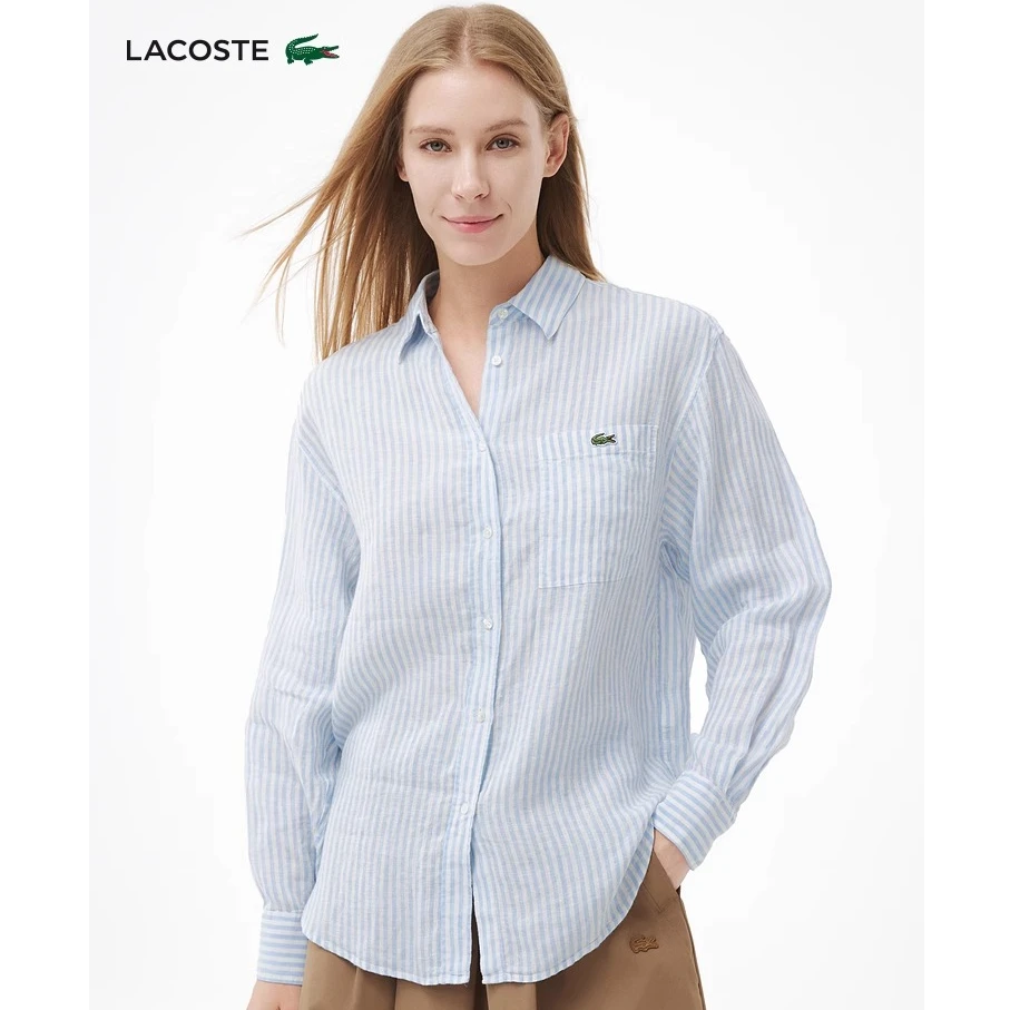 【王一博同款】LACOSTE法国鳄鱼女装25秋条纹落肩亚麻衬衫|CF0054