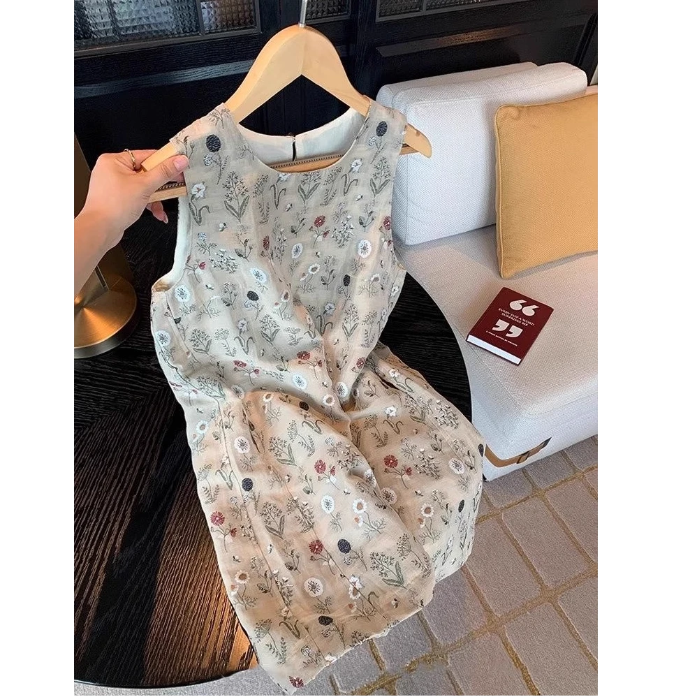 碎花夏季韩版印花法式连衣裙慵懒风静奢风无袖裙9054