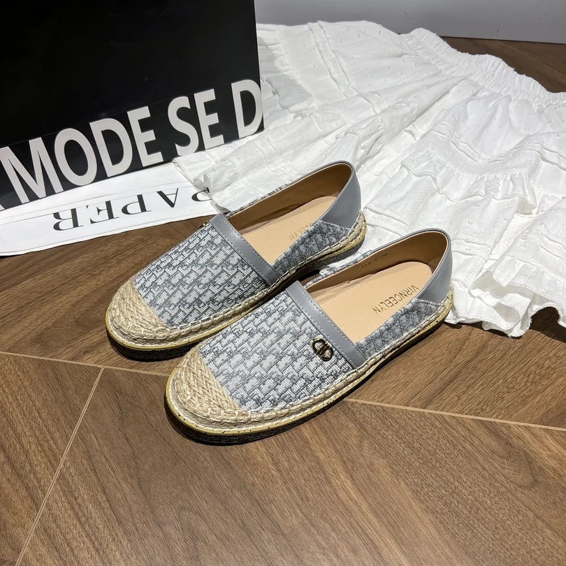 草编拼接小香风渔夫鞋女2025新款时尚一脚蹬懒人休闲鞋