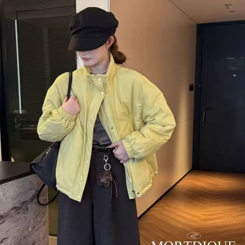 韩版宽松圆领棉服小香风时尚拼接ins立领喇叭袖棉衣