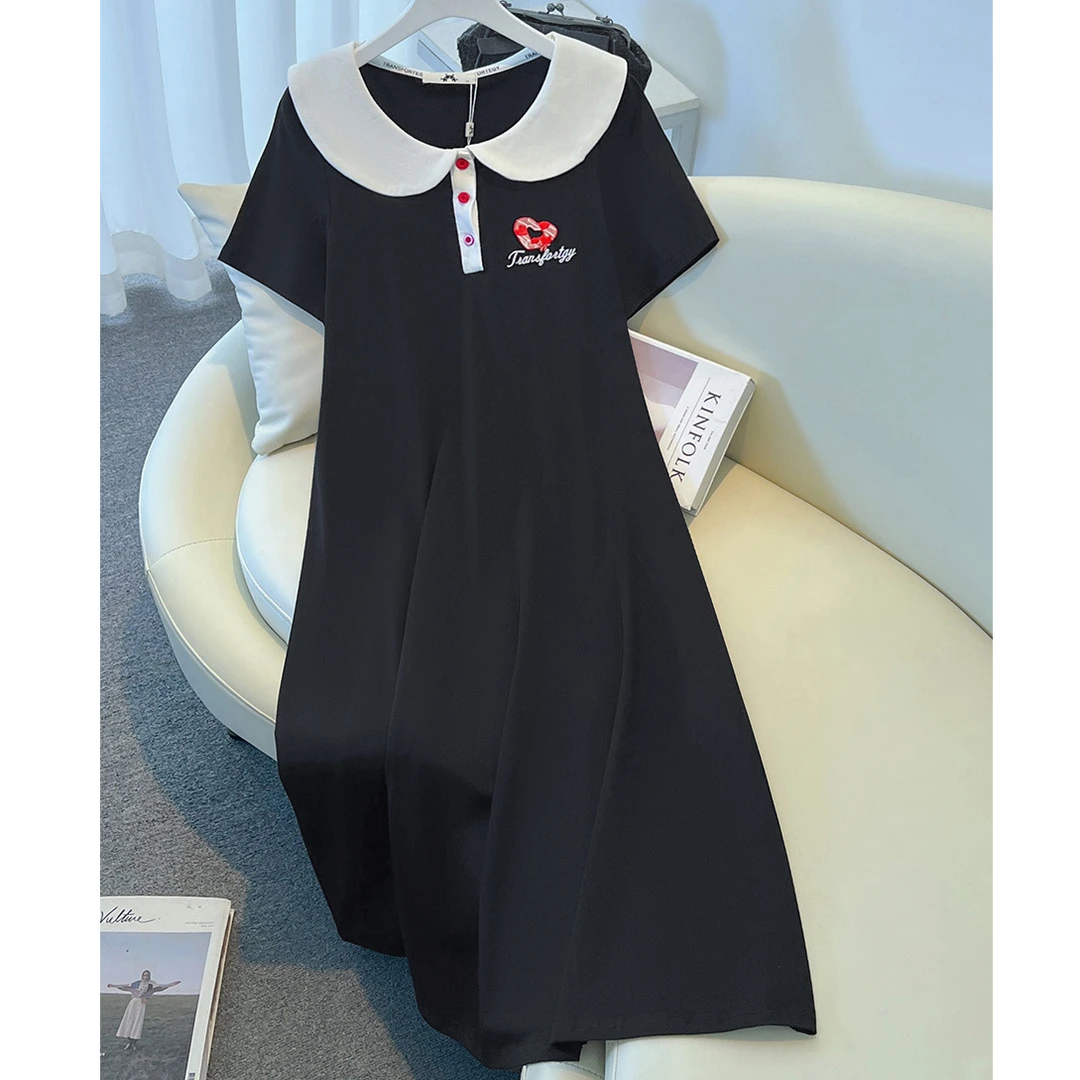 YH-66866大码女装胖mm爱心刺绣短袖连衣裙中长款小黑裙显瘦夏新款