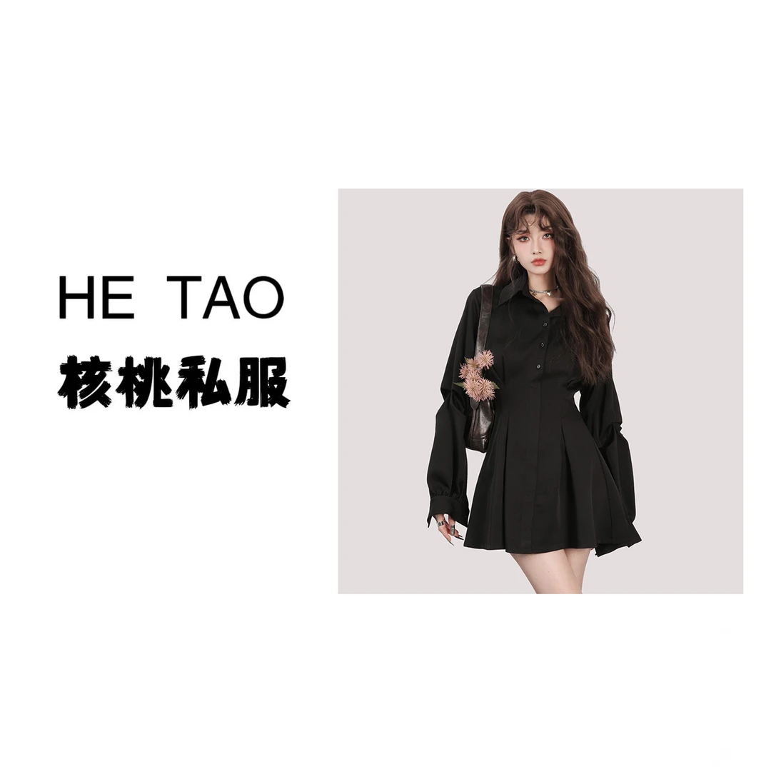 法式长袖黑色收腰显瘦设计感气质连衣裙春季衬衫裙女装裙子D0243