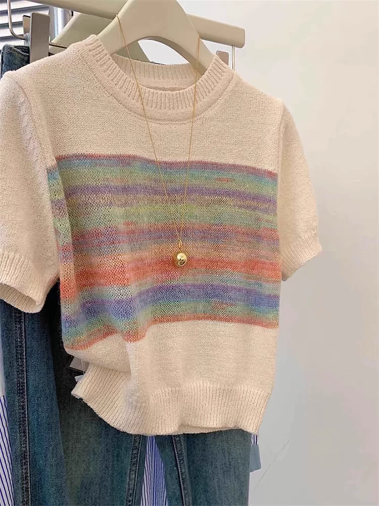 胖mm大码法式彩虹条纹圆领针织衫女夏季宽松显瘦冰丝上衣#2518