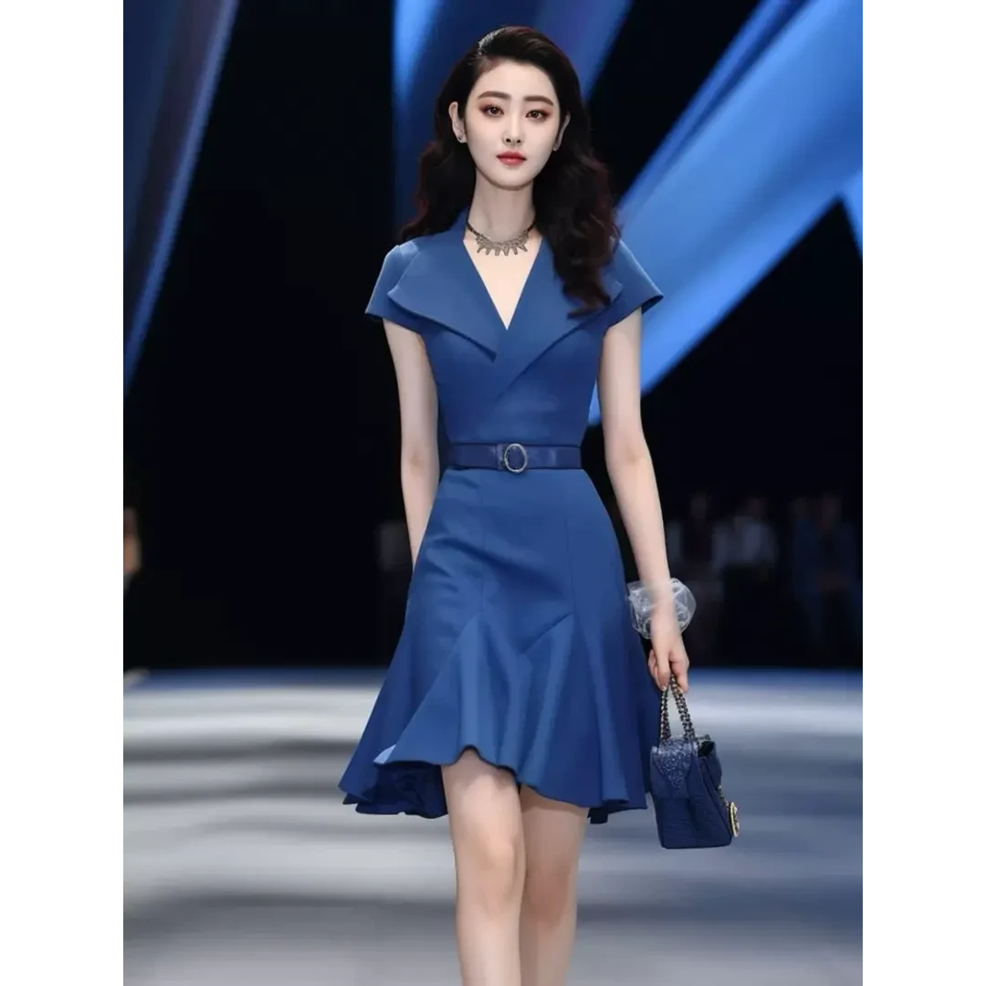 夏季爆款轻奢女装小个子高冷御姐风裙子正式场合蓝色A字连衣裙