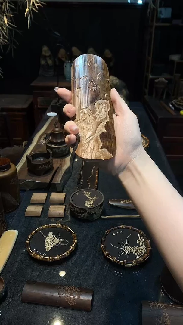 精雕石竹椭圆茶则........