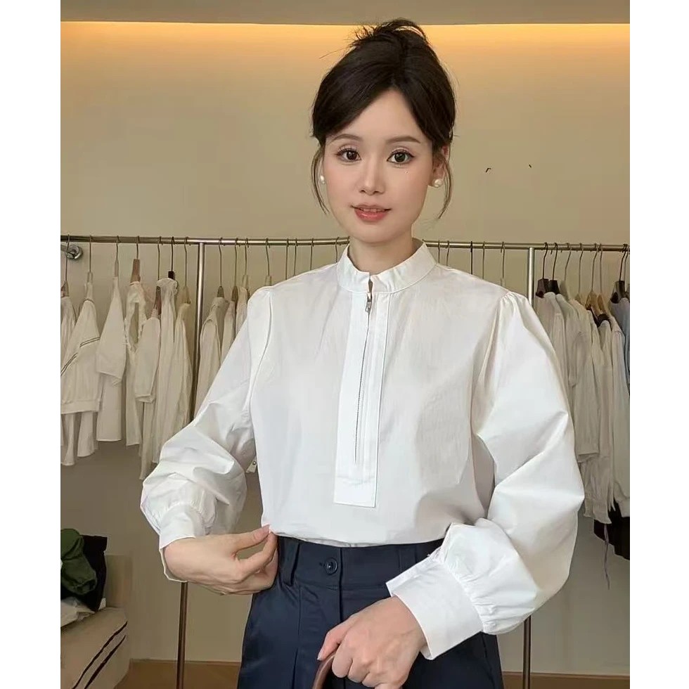 009 轻奢气质纯色纯棉长袖拉链衬衫宽松显瘦上衣