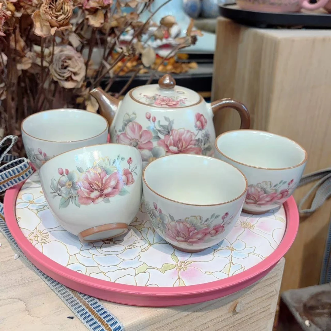 友名 复古【粉色国色天香】-黄汝潘壶+4杯+盘-5420