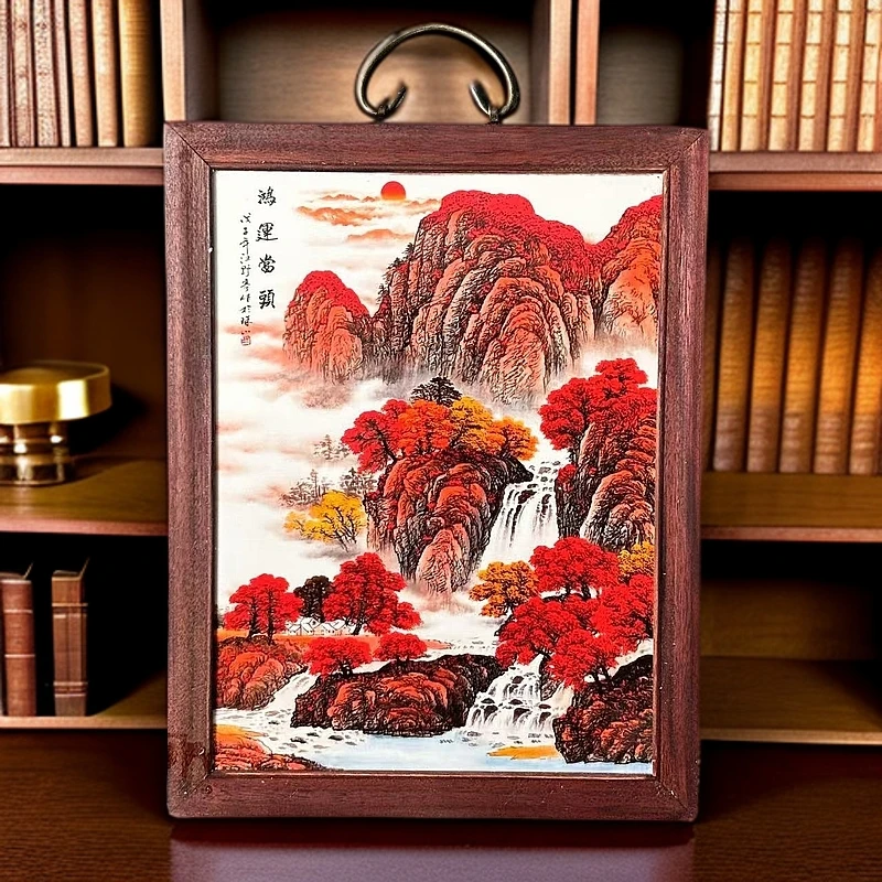 【正品】景德镇瓷板画手工粉彩陶瓷鸿运当头山水实木边框37x28cm
